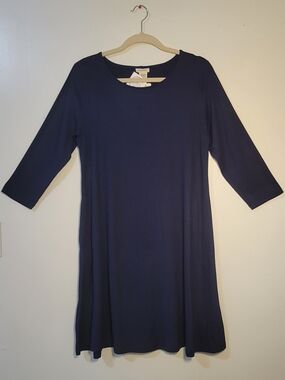 Yelete (Women's L)  Navy Blue Casual Scoop-neck Swing Dress with 3/4 Sleeves